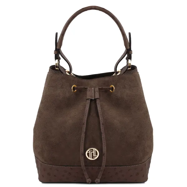 Ostrea Suede and ostrich-effect printed leather bucket bag