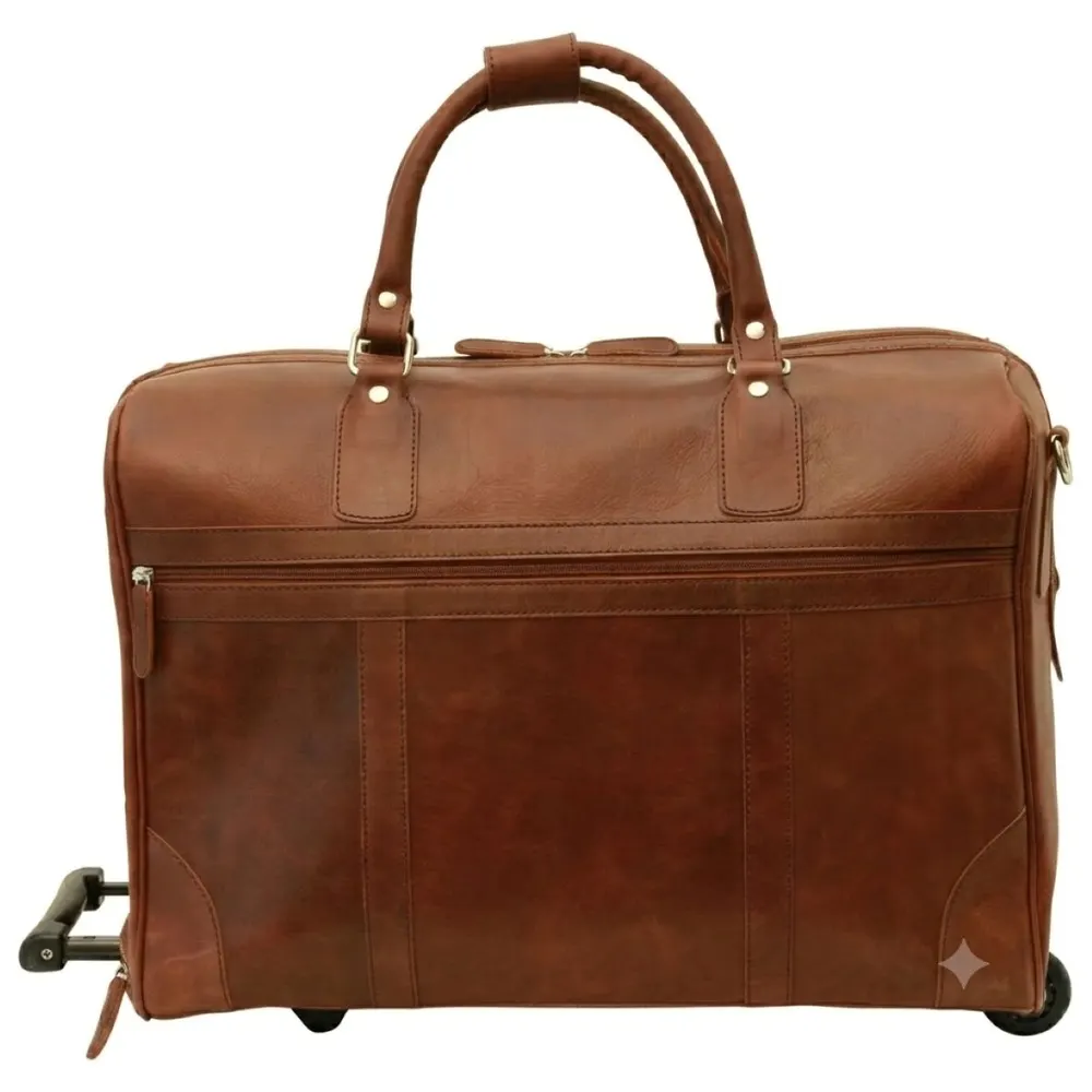 Full-grain leather duffel bag with trolley - Chestnut
