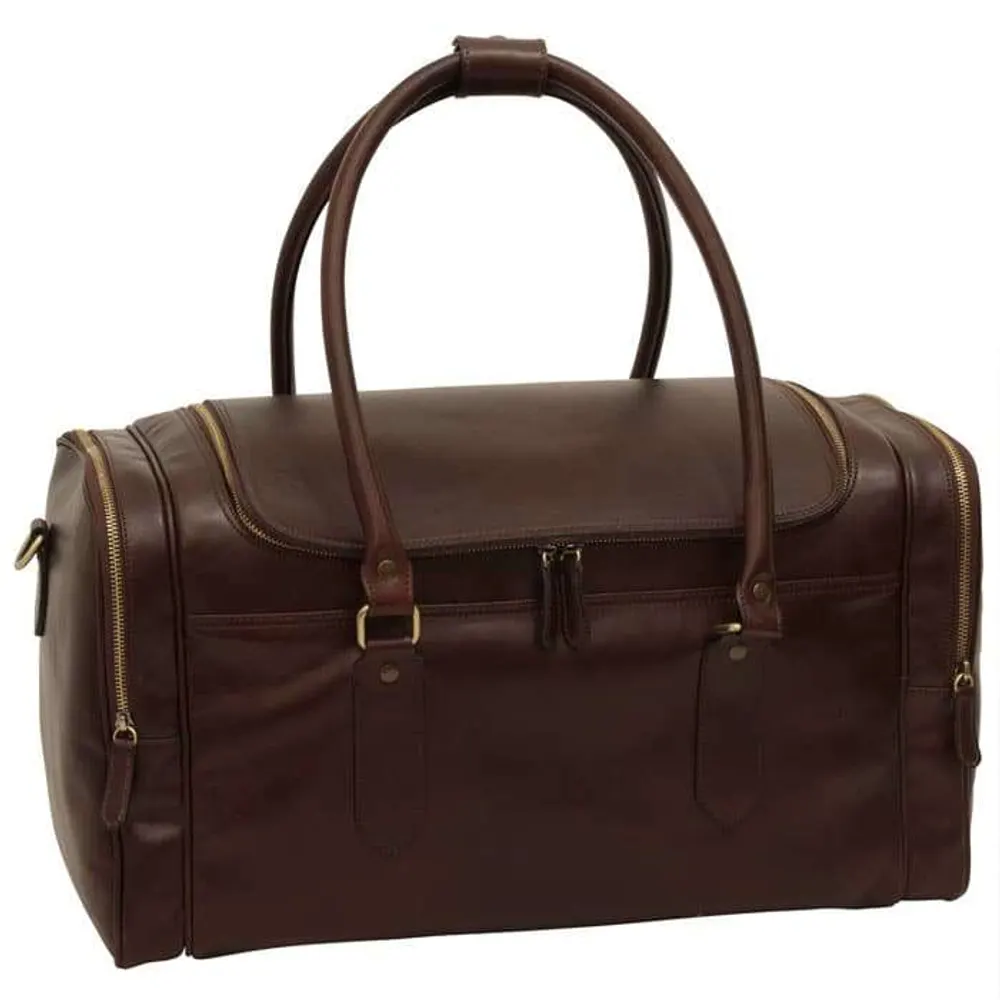 Arno. Round Metal Zip Leather Travel Bag - Dark Brown